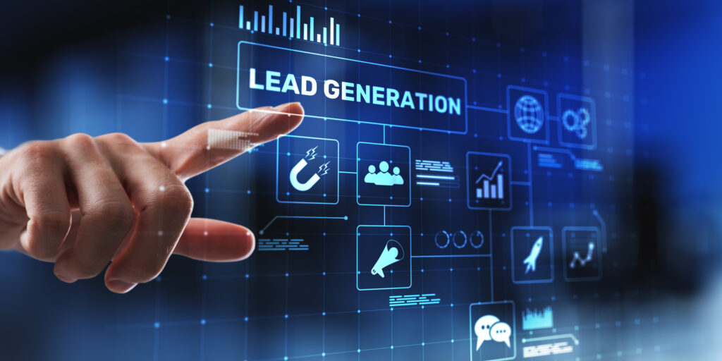 Hand using a touchscreen. On the screen it says Lead Generation.